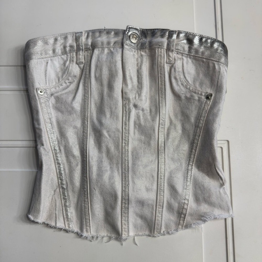 Zara Women’s Sz S Denim White Silver Metallic Tube Top Blouse Shirt